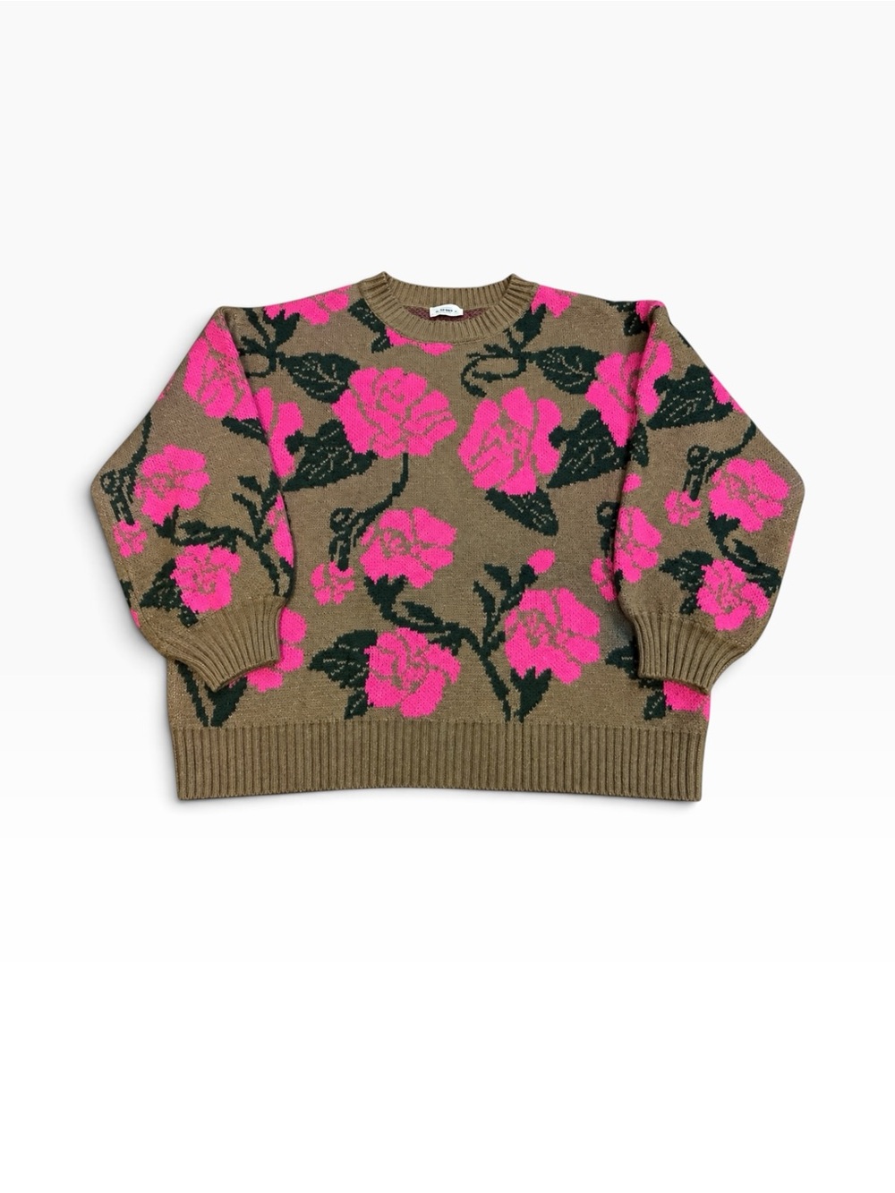 In Bloom Floral Rose Jacquard Knit Sweater Women’s L Oversized Brown Pink